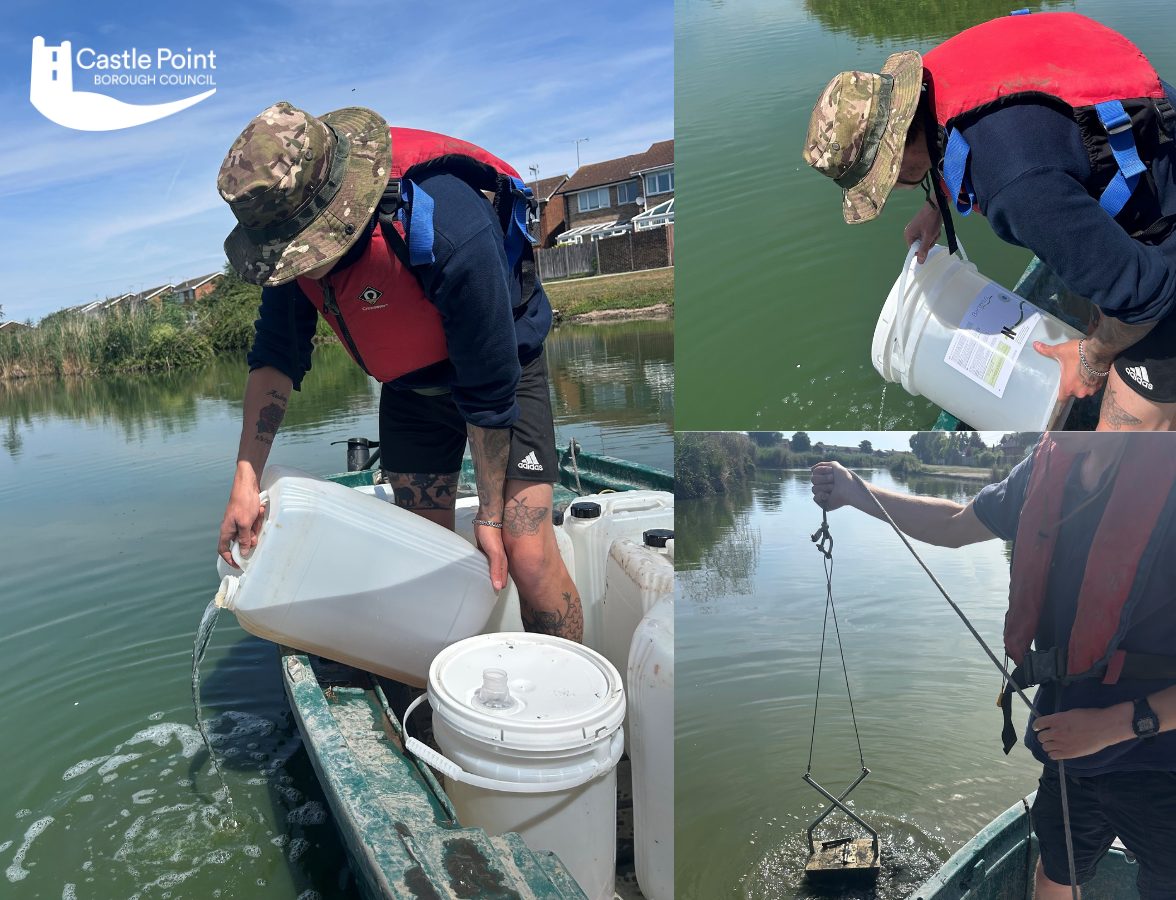 canvey lake works showing a contractor pouring treatment into the lake from a small boat