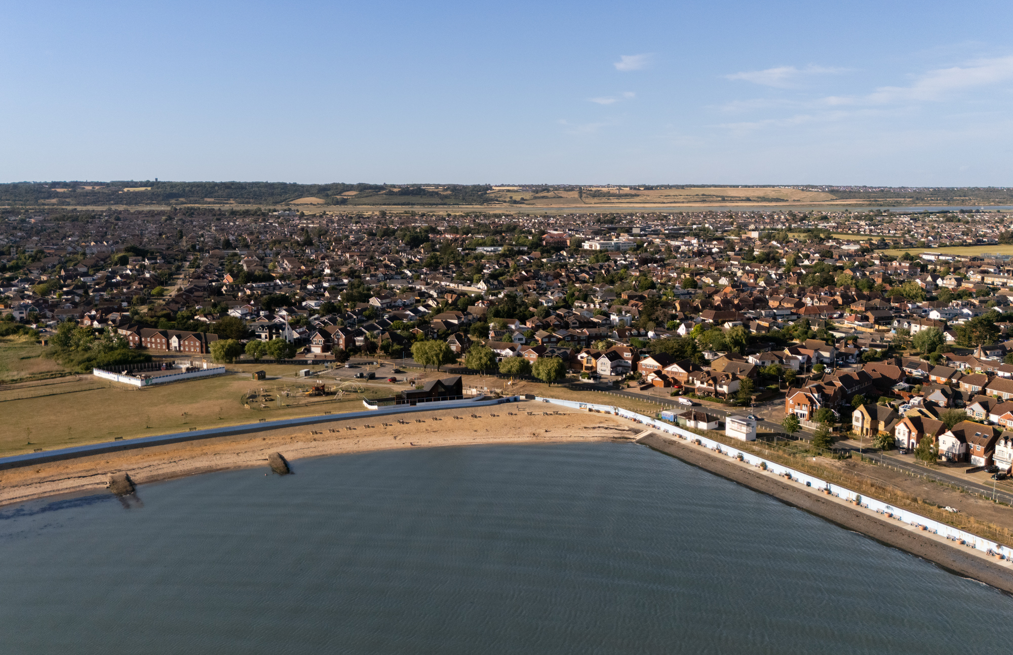 Drone shot of Thorney bay seafront, Canvey Island in Summer